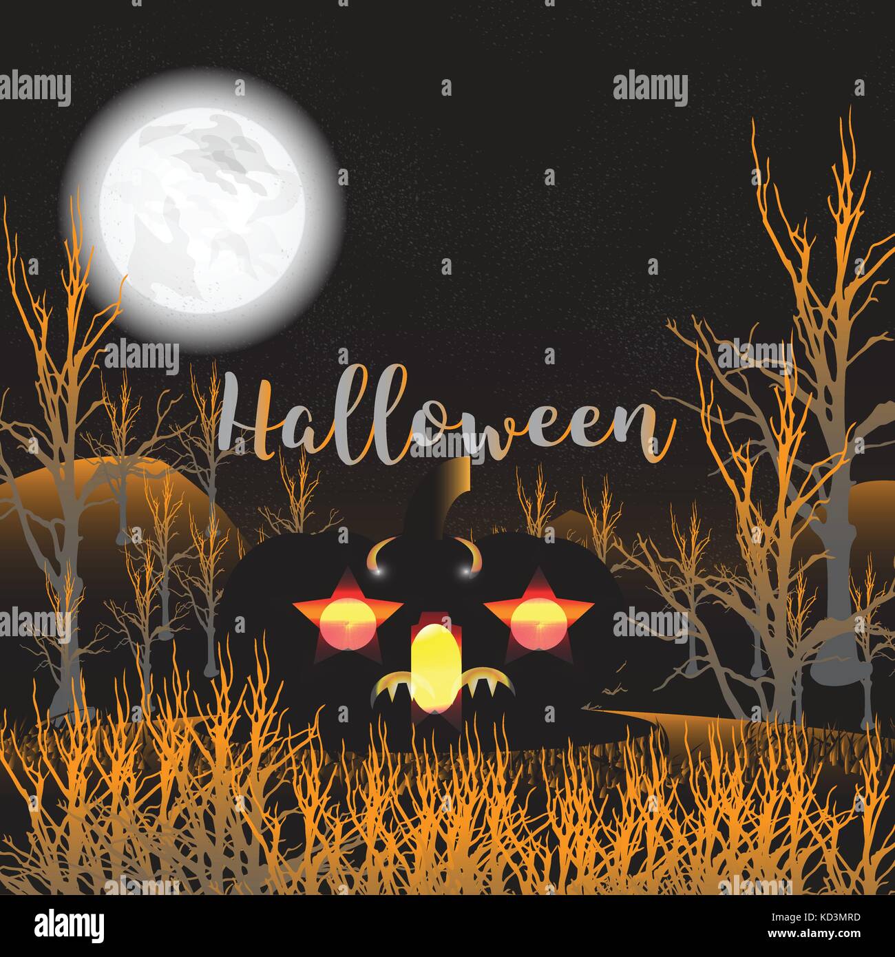 Zucca di Halloween sfondo con la luna piena notte cielo nero notte con gli alberi morti brillare sul campo, paesaggio. sfondo per la Festa di halloween Illustrazione Vettoriale