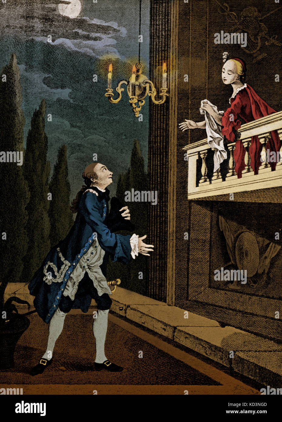 William Shakespeare - Romeo e Giulietta. The Balcony Scene, Act II, SC ii. Spranger Berry AS Romeo, Miss Nossiter as Juliet, di R Pyle, 1759. versione del xviii secolo. Playwright in inglese 1564-1616 Foto Stock