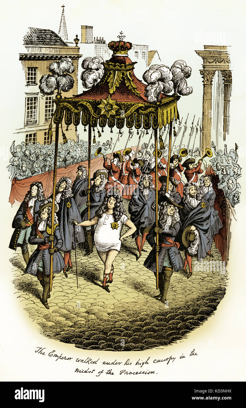 I vestiti nuovi dell'Imperatore. Fiabe e leggende di Hans Andersen  illustrate da Rex Whistler. Pagina del titolo. Pubblicato Londra,  Cobden-Sanderson. La didascalia recita: L'Imperatore camminò sotto la sua  alta baldacchino in mezzo