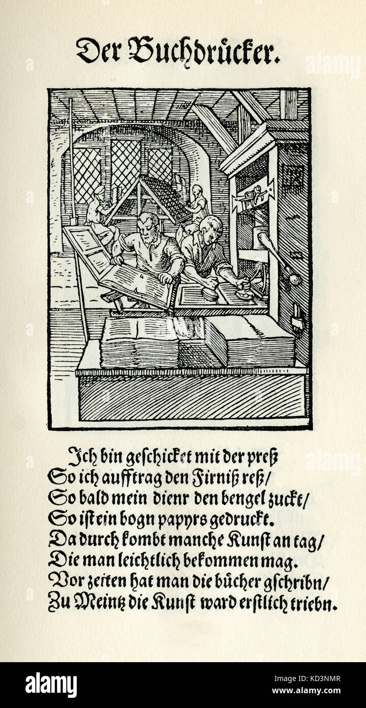 Stampante per libri, stampa precoce (der Buchdrucker), dal Libro dei mestieri / Das Standededebch (Panoplia omnium illiberalium mechanicarum...), raccolta di tagli di legno di Jost Amman (13 giugno 1539 - 17 marzo 1591), 1568 con rima di accompagnamento di Hans Sachs (5 novembre 1494 - 19 gennaio 1576) Foto Stock