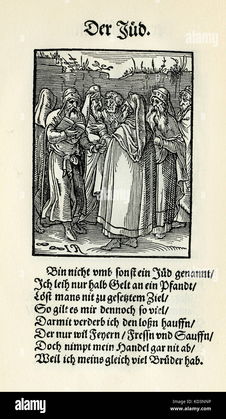 Moneilender Ebraico (titolo recita 'l'ebreo' - der Jud), da Das Standedebch, (Panoplia omnium illiberalium mechanicarum..., Libro dei mestieri) Collezione di tagli di legno di Jost Amman (13 giugno 1539 - 17 marzo 1591), 1568 con rime di accompagnamento di Hans Sachs (5 novembre 1494 - 19 gennaio 1576) Foto Stock