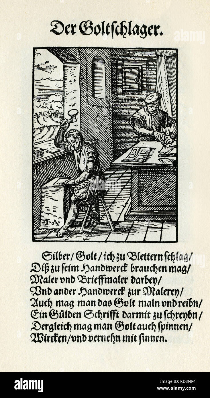 Goldbeater, produttore di foglie d'oro (der Goldschlager), dal Libro dei mestieri / Das Standedededebch (Panoplia omnium illiberalium mechanicarum...), Collezione di tagli di legno di Jost Amman (13 giugno 1539 - 17 marzo 1591), 1568 con rhyme di accompagnamento di Hans Sachs (5 novembre 1494 - 19 gennaio 1576) Foto Stock