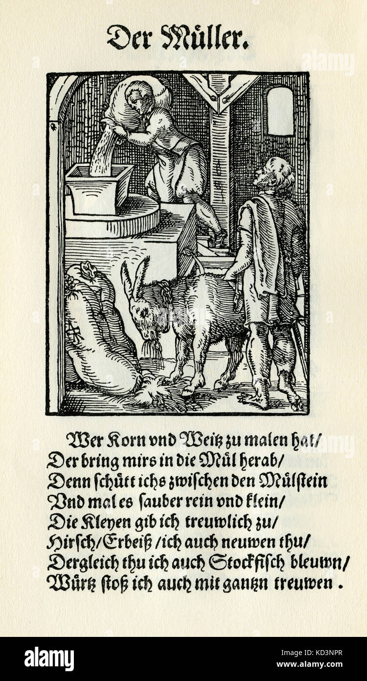 Miller (der Muller), dal Libro dei mestieri / Das Standededededebch (Panoplia omnium illiberalium mechanicarum...), Collezione di tagli di legno di Jost Amman (13 giugno 1539 - 17 marzo 1591), 1568 con rima di accompagnamento di Hans Sachs (5 novembre 1494 - 19 gennaio 1576) Foto Stock