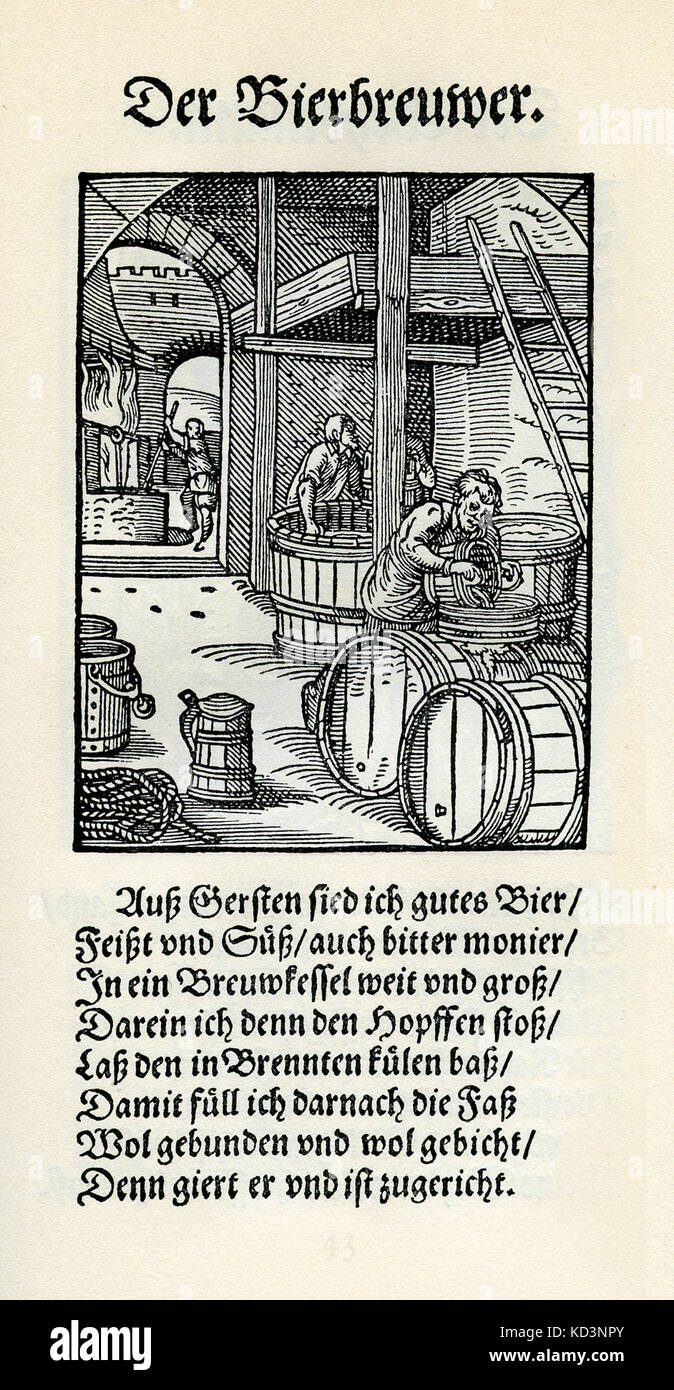 Birreria (der Bierbrauer / Bierbreuwer), dal Libro dei mestieri / Das Standedededebch (Panoplia omnium illiberalium mechanicarum...), raccolta di tagli di legno di Jost Amman (13 giugno 1539 - 17 marzo 1591), 1568 con filmi di accompagnamento di Hans Sachs (5 novembre 1494 - 19 gennaio 1576) Foto Stock