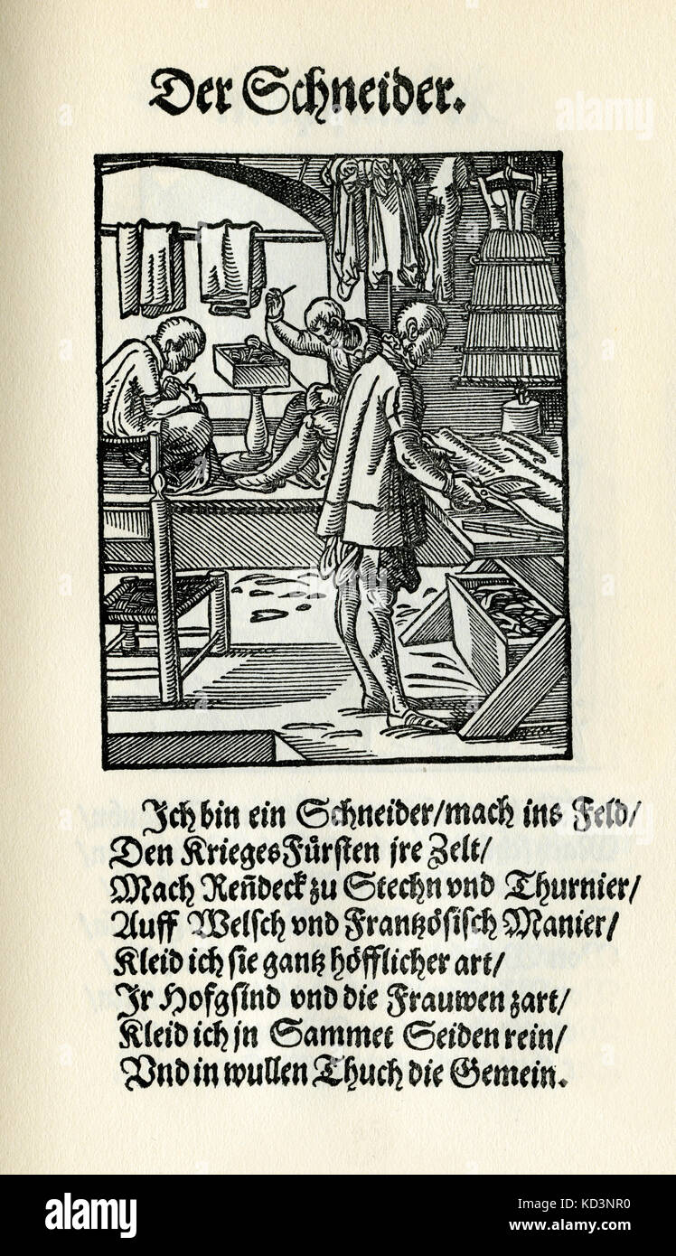 Sarto (der Schneider), dal Libro dei mestieri / Das Standededededebch (Panoplia omnium illiberalium mechanicarum...), Collezione di tagli di legno di Jost Amman (13 giugno 1539 - 17 marzo 1591), 1568 con rima di accompagnamento di Hans Sachs (5 novembre 1494 - 19 gennaio 1576) Foto Stock