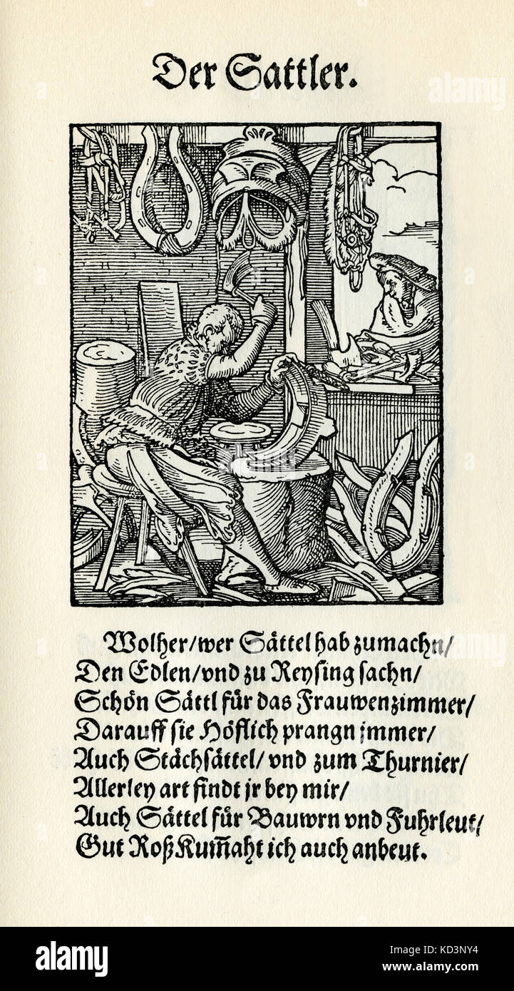 Saddler / Saddler (der Sattler), dal Libro dei mestieri / Das Standededededebch (Panoplia omnium illiberalium mechanicarum...), Collezione di tagli di legno di Jost Amman (13 giugno 1539 - 17 marzo 1591), 1568 con rima di accompagnamento di Hans Sachs (5 novembre 1494 - 19 gennaio 1576) Foto Stock
