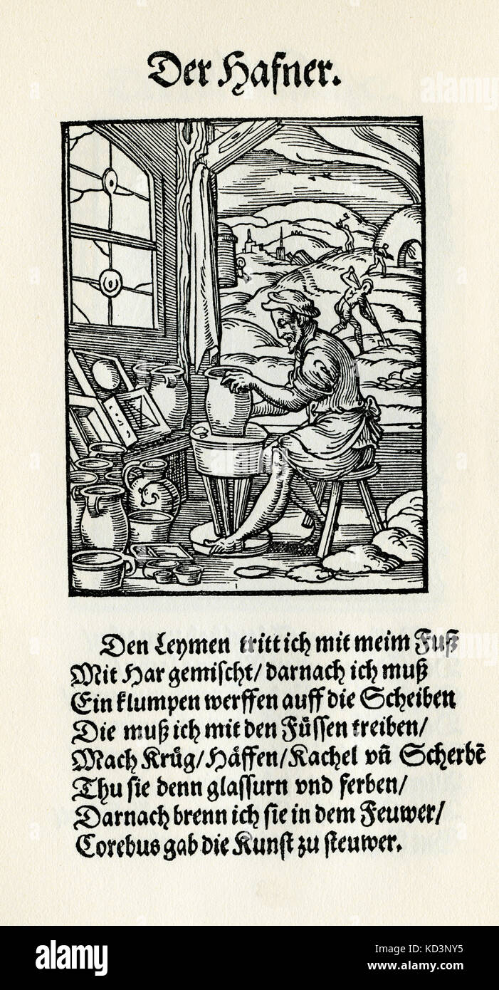 Potter (der Hafner / Topfer), dal Libro dei mestieri / Das Standededebch (Panoplia omnium illiberalium mechanicarum...), raccolta di tagli di legno di Jost Amman (13 giugno 1539 - 17 marzo 1591), 1568 con rima di accompagnamento di Hans Sachs (5 novembre 1494 - 19 gennaio 1576) Foto Stock