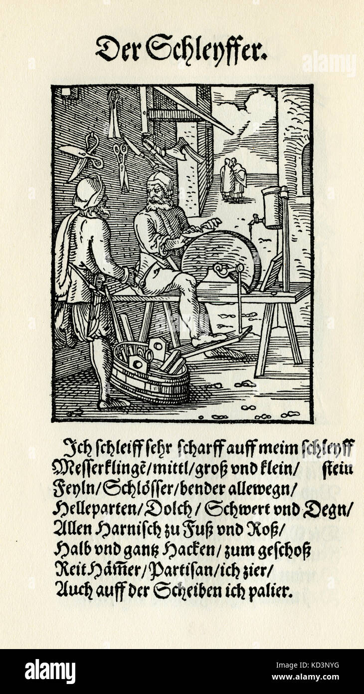 Tritacarne (der Schleifer / Schleyffer), dal Libro dei mestieri / Das Standedededebch (Panoplia omnium illiberalium mechanicarum...), Collezione di tagli di legno di Jost Amman (13 giugno 1539 - 17 marzo 1591), 1568 con rhyme di accompagnamento di Hans Sachs (5 novembre 1494 - 19 gennaio 1576) Foto Stock