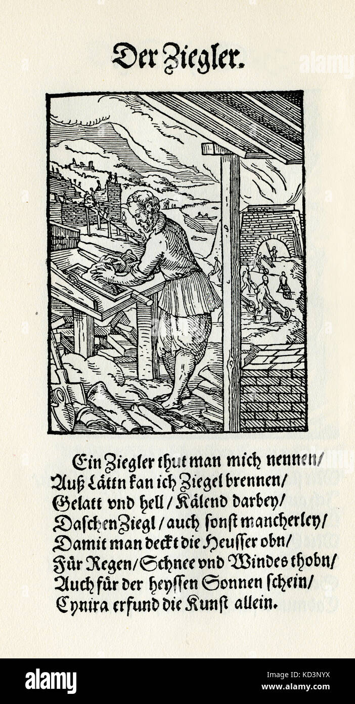 Mattoniere (der Ziegler), dal Libro dei mestieri / Das Standededededebch (Panoplia omnium illiberalium mechanicarum...), Collezione di tagli di legno di Jost Amman (13 giugno 1539 - 17 marzo 1591), 1568 con rima di accompagnamento di Hans Sachs (5 novembre 1494 - 19 gennaio 1576) Foto Stock