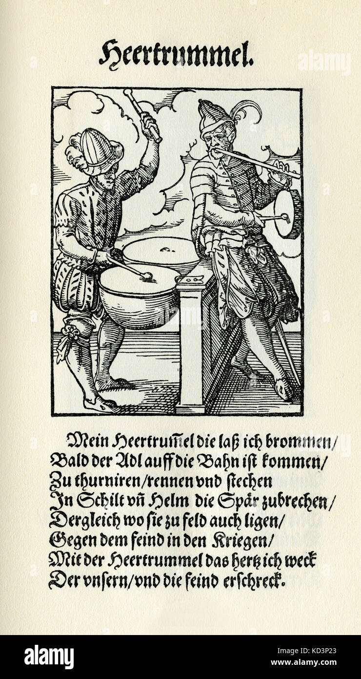 Drummers (Heertrummel / Trommler), dal Libro dei mestieri / Das Standedebch (Panoplia omnium illiberalium mechanicarum...), raccolta di tagli di legno di Jost Amman (13 giugno 1539 - 17 marzo 1591), 1568 con rime accompagnatrici di Hans Sachs (5 novembre 1494 - 19 gennaio 1576) Foto Stock