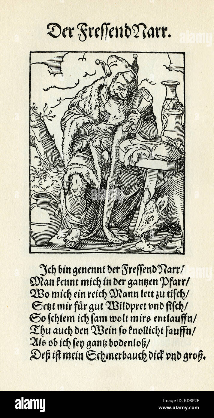 Lo stolto glutonoso (der Fressendnarr / Fressnarr), dal Libro dei mestieri / Das Standededebch (Panoplia omnium illiberalium meccanicarum...), Collezione di tagli di legno di Jost Amman (13 giugno 1539 - 17 marzo 1591), 1568 con rhyme di accompagnamento di Hans Sachs (5 novembre 1494 - 19 gennaio 1576) Foto Stock