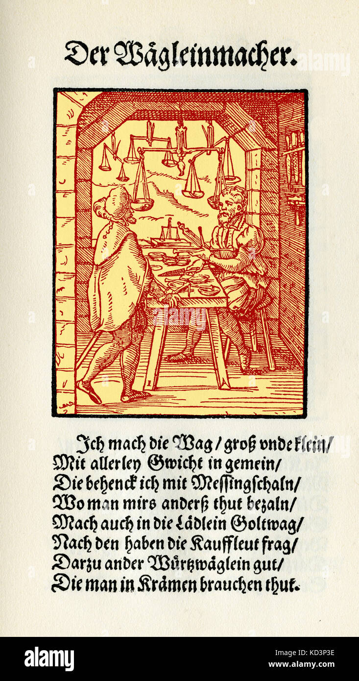 Produttore di bilance (der Waagemacher / Wagleinmacher), dal Libro dei mestieri / Das Standededebch (Panoplia omnium illiberalium mechanicarum...), Collezione di tagli di legno di Jost Amman (13 giugno 1539 - 17 marzo 1591), 1568 con rima di accompagnamento di Hans Sachs (5 novembre 1494 - 19 gennaio 1576) Foto Stock