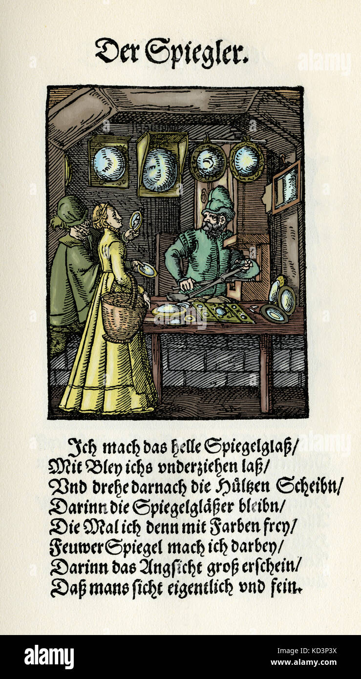 Mirror Maker (der Spiegler), dal Libro dei mestieri / Das Standedededebch (Panoplia omnium illiberalium mechanicarum...), Collezione di tagli di legno di Jost Amman (13 giugno 1539 - 17 marzo 1591), 1568 con rima di accompagnamento di Hans Sachs (5 novembre 1494 - 19 gennaio 1576) Foto Stock