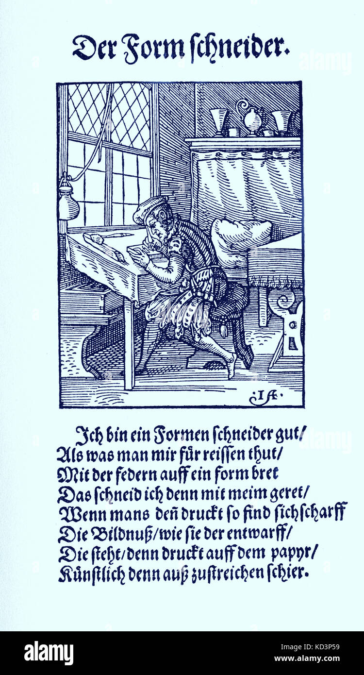 Incisore di legno (der Formschneider), dal Libro dei mestieri / Das Standedededebch (Panoplia omnium illiberalium mechanicarum...), Collezione di tagli di legno di Jost Amman (13 giugno 1539 - 17 marzo 1591), 1568 con rime di accompagnamento di Hans Sachs (5 novembre 1494 - 19 gennaio 1576) Foto Stock