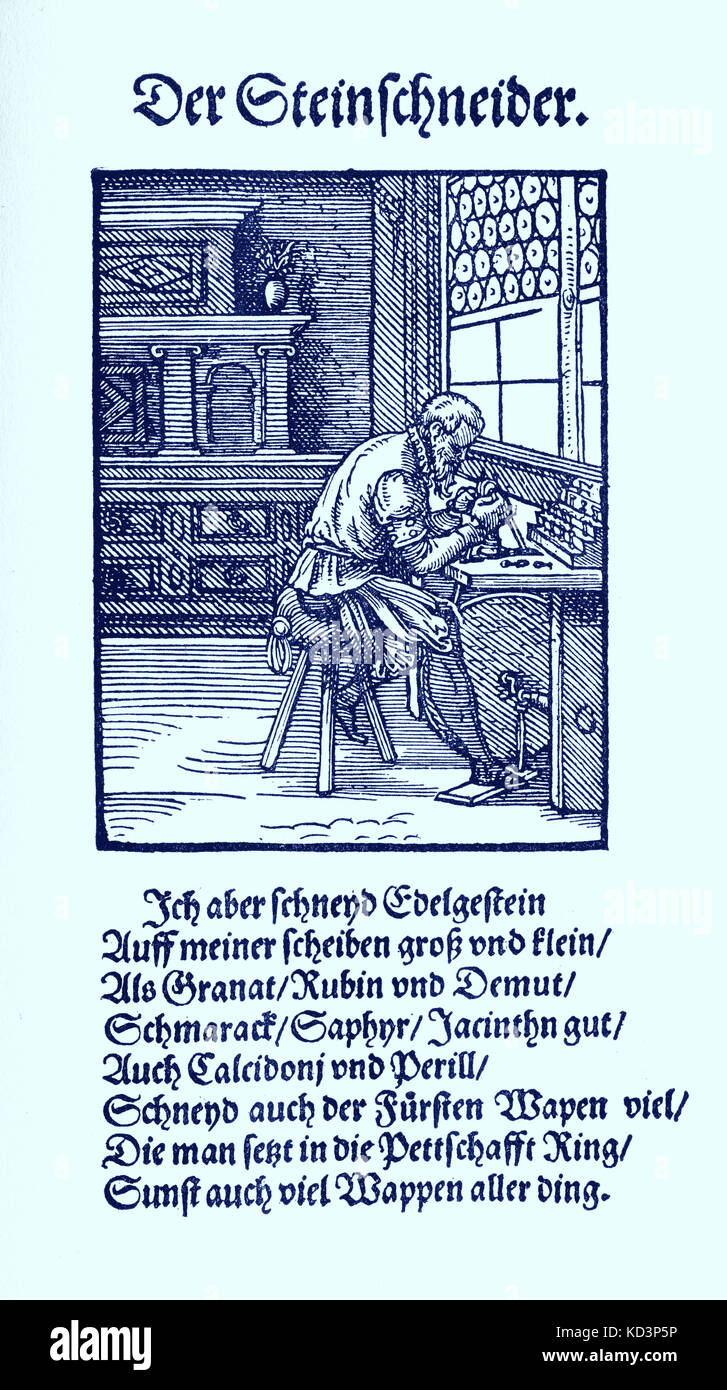 Taglierina per pietre preziose (der Steinschneider), dal Libro dei mestieri / Das Standedededebch (Panoplia omnium illiberalium mechanicarum...), Collezione di tagli di legno di Jost Amman (13 giugno 1539 – 17 marzo 1591), 1568 con rime di accompagnamento di Hans Sachs (5 novembre 1494 – 19 gennaio 1576) Foto Stock