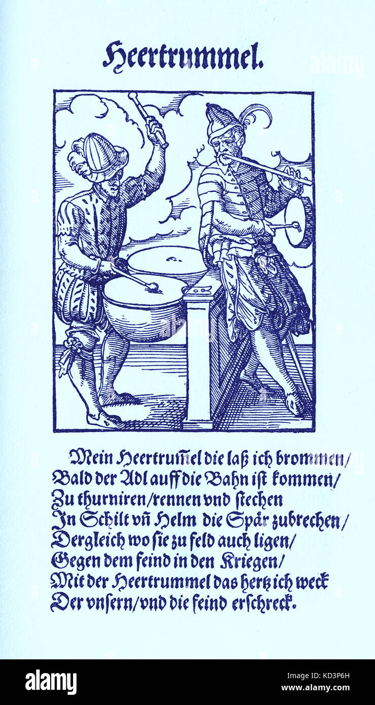 Drummers (Heertrummel / Trommler), dal Libro dei mestieri / Das Standedebch (Panoplia omnium illiberalium mechanicarum...), raccolta di tagli di legno di Jost Amman (13 giugno 1539 - 17 marzo 1591), 1568 con rime accompagnatrici di Hans Sachs (5 novembre 1494 - 19 gennaio 1576) Foto Stock