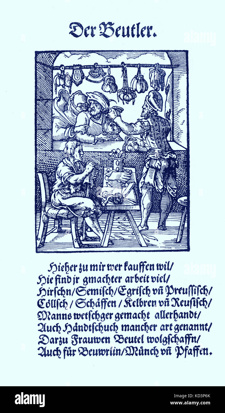 Produttore di borse in pelle (der Beutler), dal Libro dei mestieri / Das Standedededebch (Panoplia omnium illiberalium mechanicarum...), Collezione di tagli di legno di Jost Amman (13 giugno 1539 - 17 marzo 1591), 1568 con rima di accompagnamento di Hans Sachs (5 novembre 1494 - 19 gennaio 1576) Foto Stock