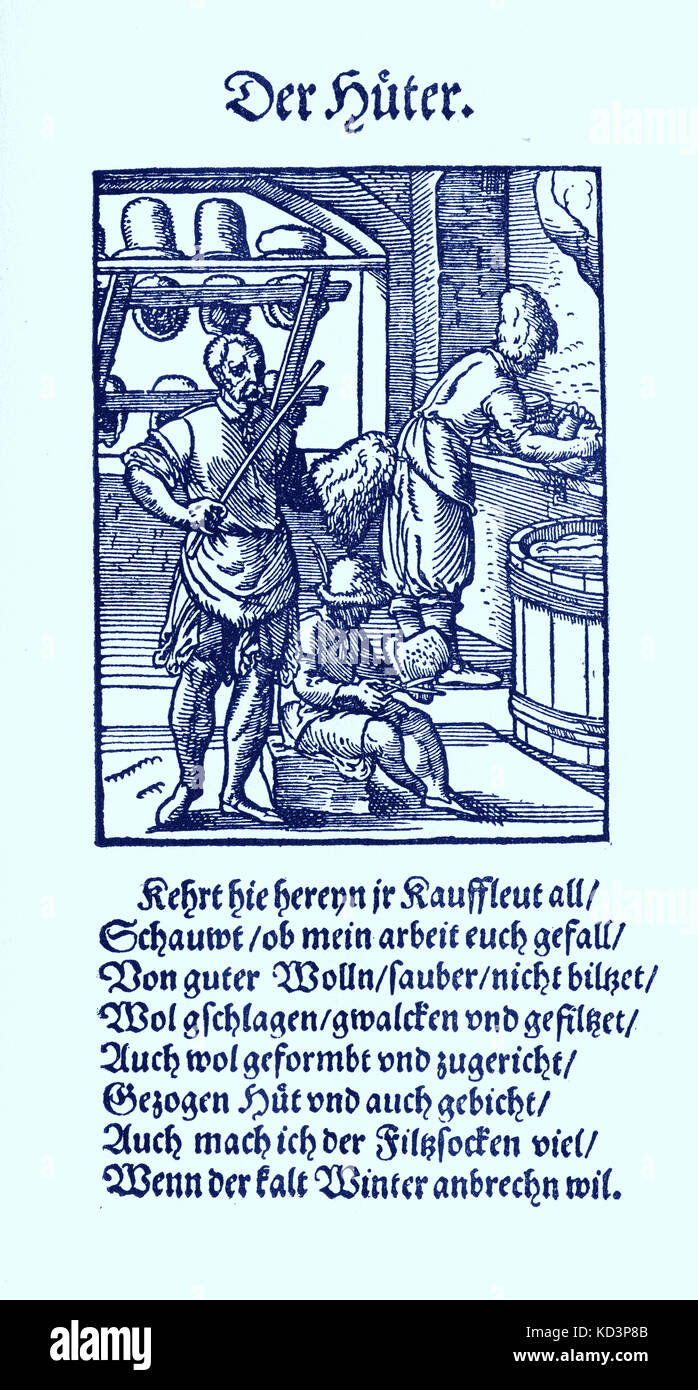 Milliner / Hat maker (der Huter), dal Libro dei mestieri / Das Standededebch (Panoplia omnium illiberalium mechanicarum...), Collezione di tagli di legno di Jost Amman (13 giugno 1539 - 17 marzo 1591), 1568 con rima di accompagnamento di Hans Sachs (5 novembre 1494 - 19 gennaio 1576) Foto Stock