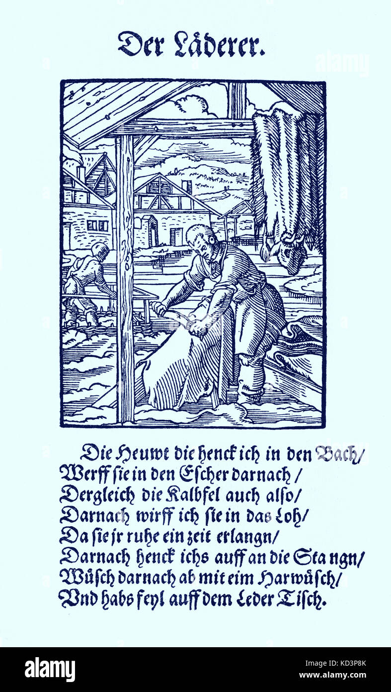 Conciatore di cuoio (der Lederer), dal Libro dei mestieri / Das Standededededebch (Panoplia omnium illiberalium mechanicarum...), Collezione di tagli di legno di Jost Amman (13 giugno 1539 - 17 marzo 1591), 1568 con rima di accompagnamento di Hans Sachs (5 novembre 1494 - 19 gennaio 1576) Foto Stock