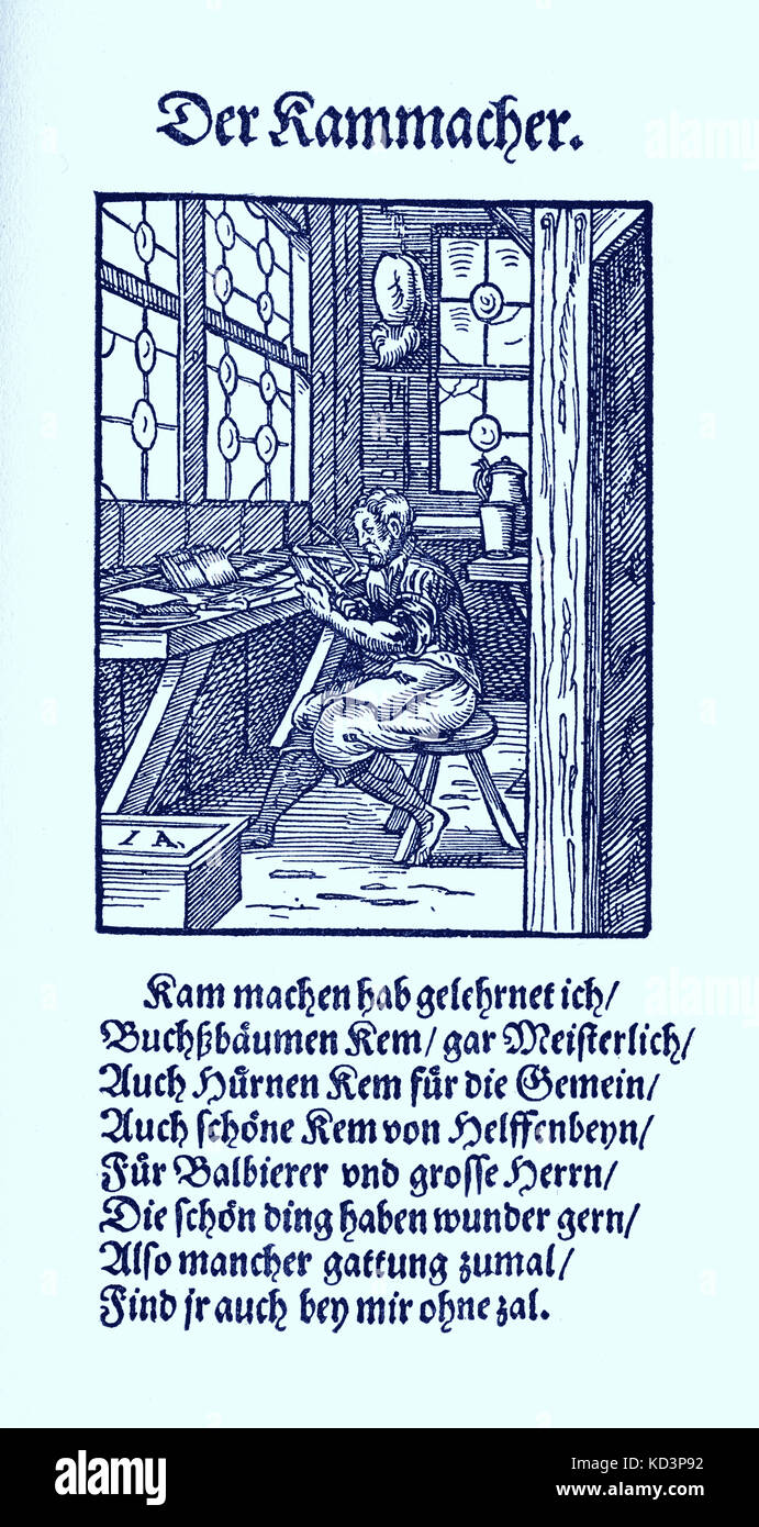 Comb Maker (der Kammacher), dal Libro dei mestieri / Das Standedededebch (Panoplia omnium illiberalium mechanicarum...), Collezione di tagli di legno di Jost Amman (13 giugno 1539 - 17 marzo 1591), 1568 con rima di accompagnamento di Hans Sachs (5 novembre 1494 - 19 gennaio 1576) Foto Stock