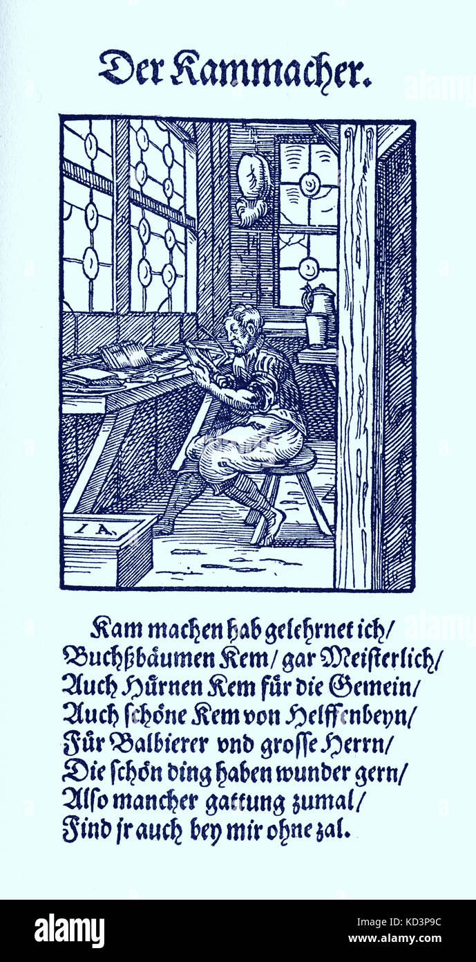 Tagliabasette, taglio di stoffa per creare una superficie liscia (der Tuchscherer), dal Libro dei mestieri / Das Standedebch (Panoplia omnium illiberalium meccanicarum...), raccolta di tagli di legno di Jost Amman (13 giugno 1539 - 17 marzo 1591), 1568 con rhyme di accompagnamento di Hans Sachs (5 novembre 1494 - 19 gennaio 1576) Foto Stock