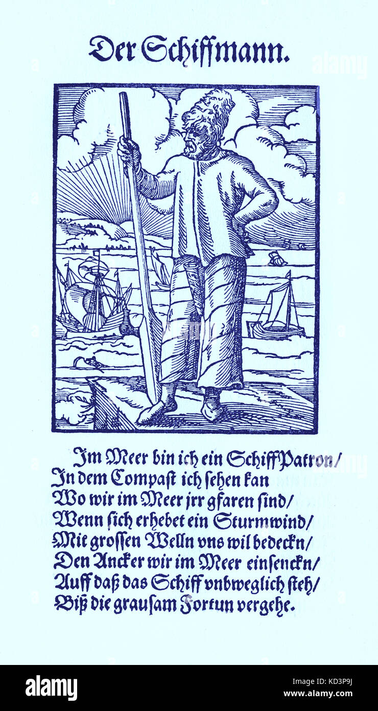 Sailor (der Schiffmann / Schiffer), dal Libro dei mestieri / Das Standededebch (Panoplia omnium illiberalium mechanicarum...), Collezione di tagli di legno di Jost Amman (13 giugno 1539 - 17 marzo 1591), 1568 con rime di accompagnamento di Hans Sachs (5 novembre 1494 - 19 gennaio 1576) Foto Stock