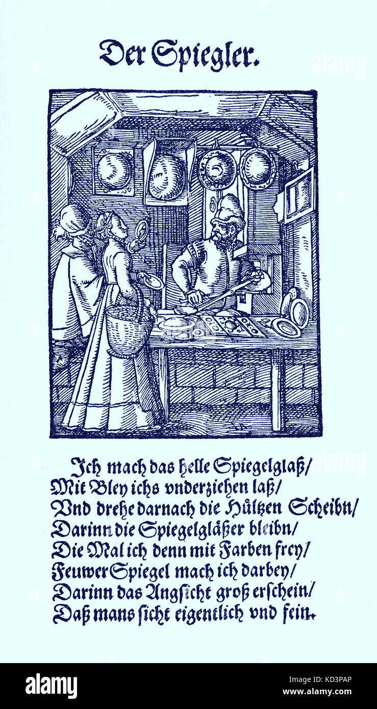 Mirror Maker (der Spiegler), dal Libro dei mestieri / Das Standedededebch (Panoplia omnium illiberalium mechanicarum...), Collezione di tagli di legno di Jost Amman (13 giugno 1539 - 17 marzo 1591), 1568 con rima di accompagnamento di Hans Sachs (5 novembre 1494 - 19 gennaio 1576) Foto Stock
