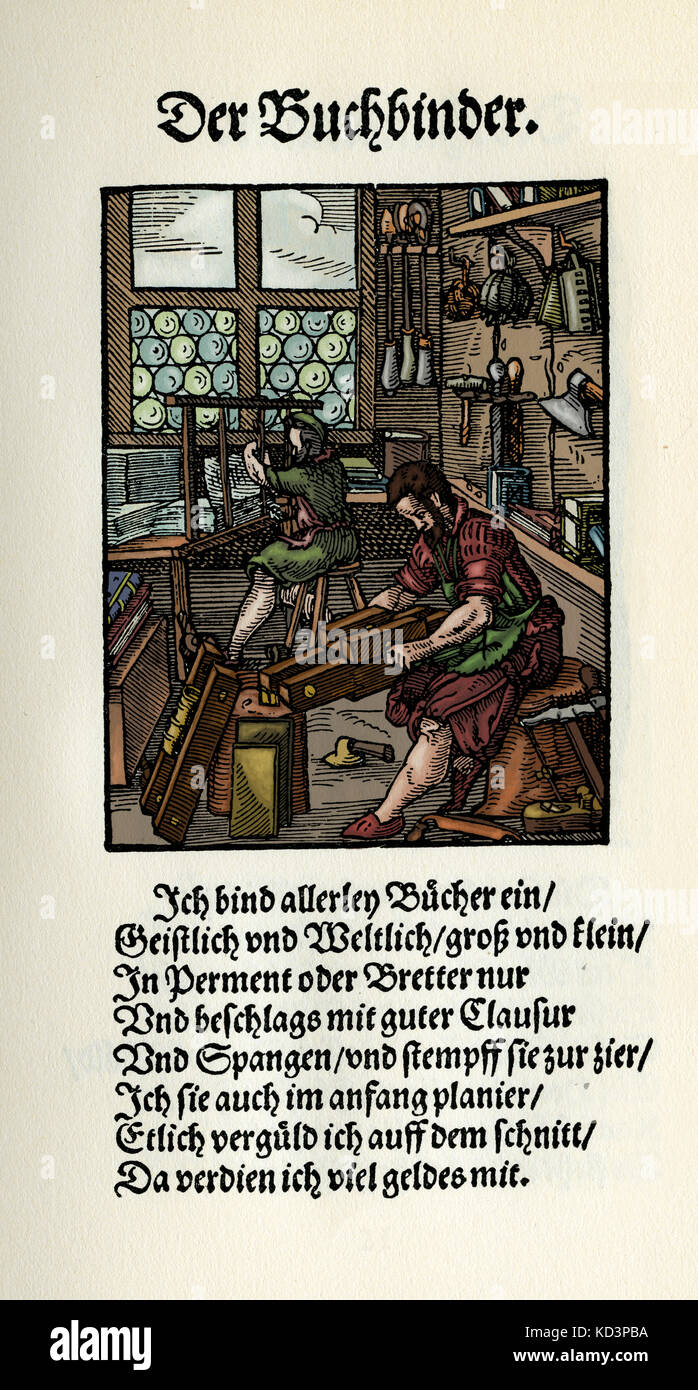Il bookbinder del Libro dei mestieri / Das Standededebch (Panoplia omnium illiberalium mechanicarum...), Collezione di tagli di legno di Jost Amman (13 giugno 1539 - 17 marzo 1591), 1568 con rima di accompagnamento di Hans Sachs (5 novembre 1494 - 19 gennaio 1576) Foto Stock