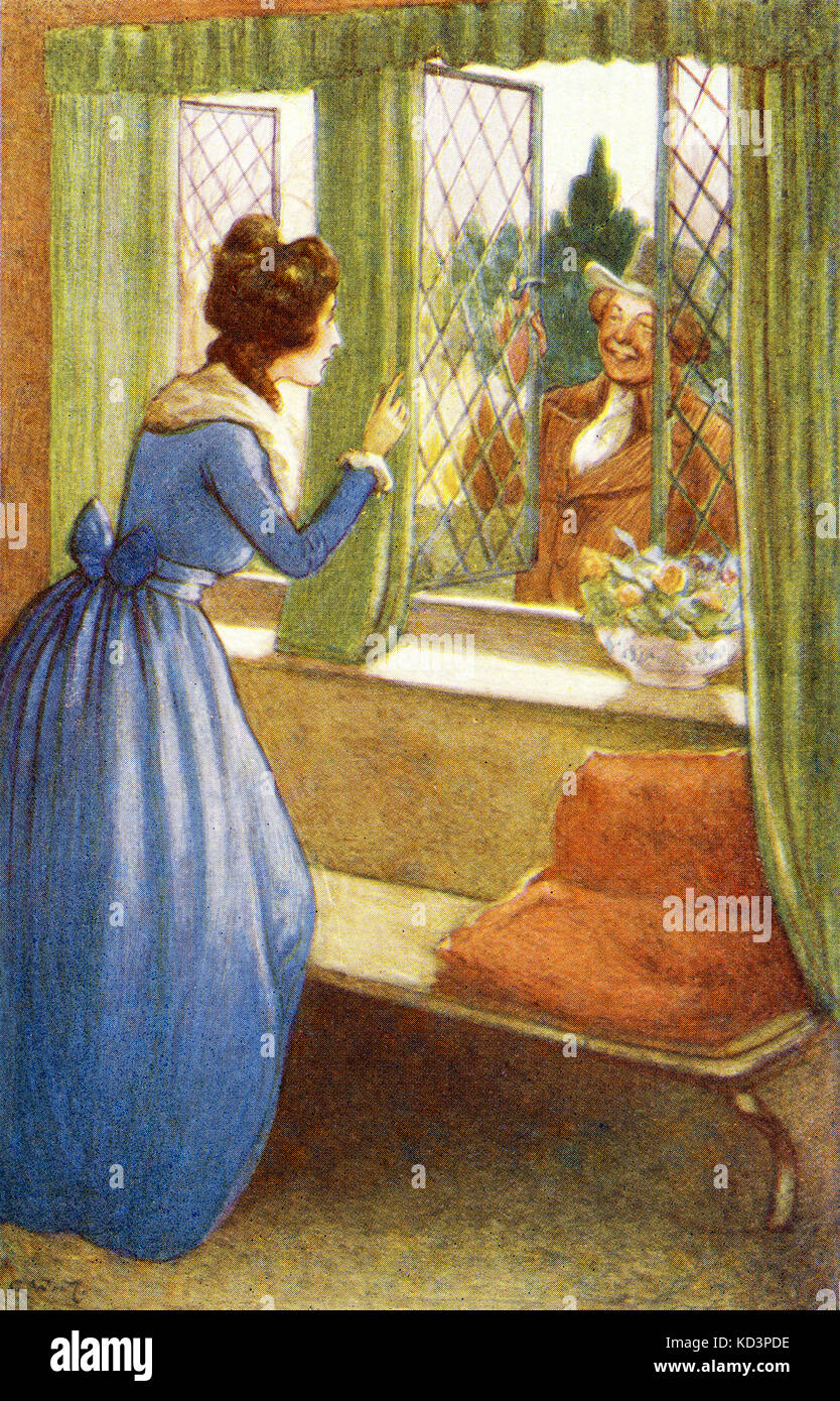 Sir John parla a Elinor Dashwood attraverso la finestra dei loro visitatori. La didascalia dice: 'Hush! Ascolteranno il senso e la sensibilità di Jane Austen, illustrazione di Alfred Wallis Mills, 1917 Foto Stock