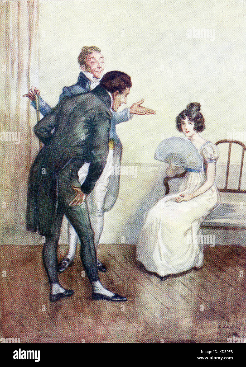 Il maestro delle cerimonie introduce Caterina a Henry Tilbury presso le Lower Rooms di Bath. Abbazia di Northanger di Jane Austen, illustrazione di Alfred Wallis Mills, 1917 Foto Stock
