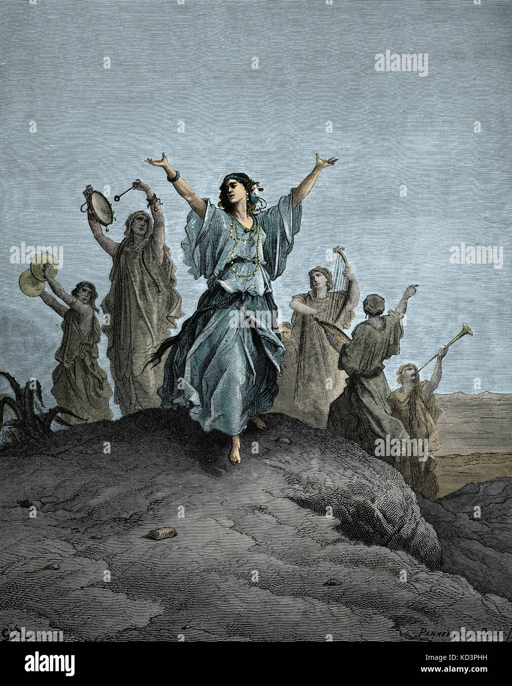 Iphis, figlia di Jephtha, andando verso suo padre di essere sacrificati. Scena biblica dell Antico Testamento libro dei Giudici (Jephtha era uno dei giudici di Israele). Xilografia da Gustave Doré (1832 - 1883). Oratorio di Handel: 'Jephtha' (il suo ultimo Oratorio, 1751). Il tamburello, cembali, Lira (arpa), avvisatore acustico e chitarra. Foto Stock