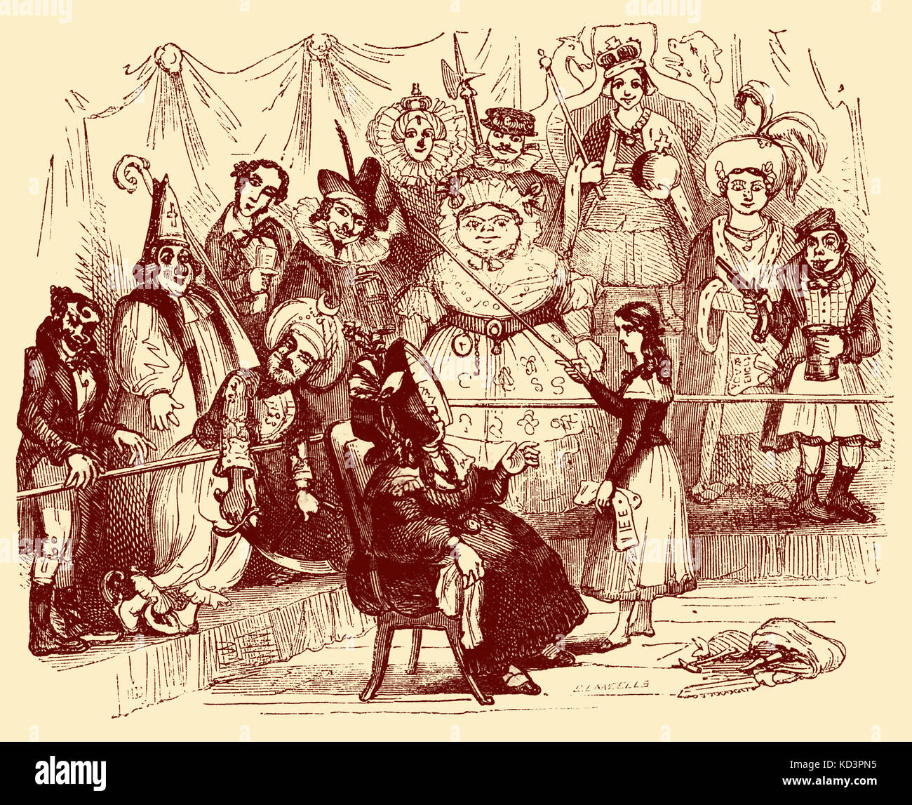 Charles Dickens 'The Old Curiosity Shop'. Pubblicato per la prima volta nel 1841. Descrizione della scena: La signora Jarley insegna nell sulle cere. Capitolo ventotto. Illustrazione di Hablot K Browne - 'Phiz' (1815-1882). CD: Romanziere inglese 7 febbraio 1812 – 9 giugno 1870 Foto Stock