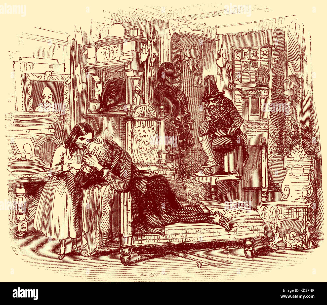 Charles Dickens 'The Old Curiosity Shop'. Pubblicato per la prima volta nel 1841. Descrizione della scena: Little nell come Comforter. Capitolo nove. Illustrazione di George Cattermole (1800-1868) CD: Romanziere inglese 7 febbraio 1812 – 9 giugno 1870 Foto Stock