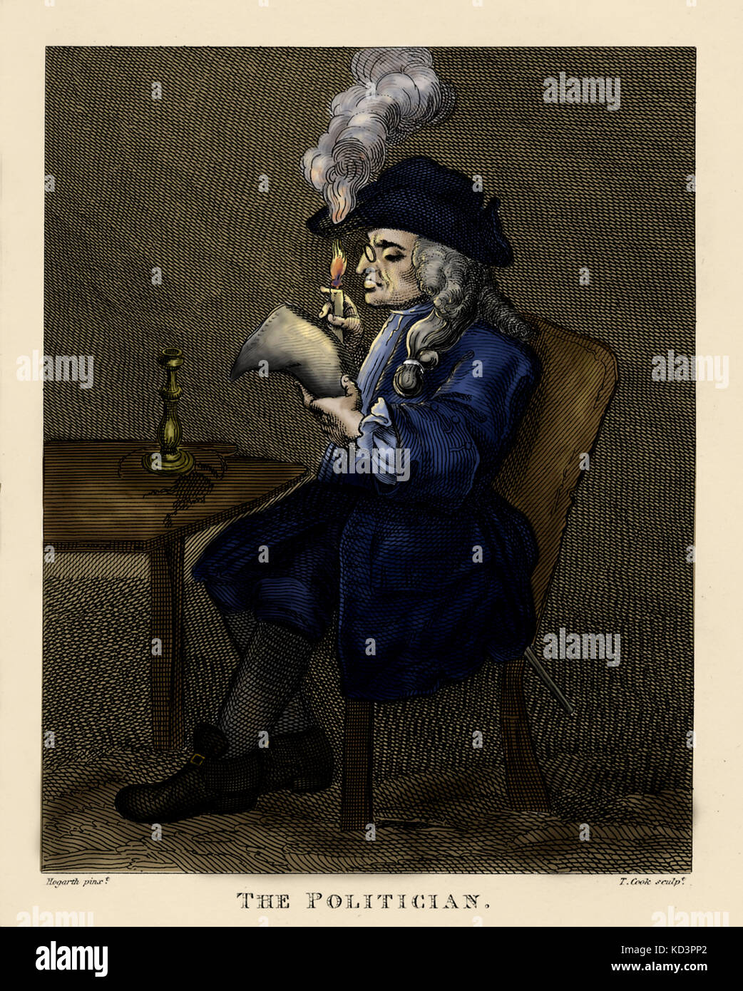 Il politico di William Hogarth, 1775. Inciso da Thomas Cook. Il politico raffigurato legge il giornale, o 'Gazette', da una candela, che brucia attraverso il suo cappello. Foto Stock