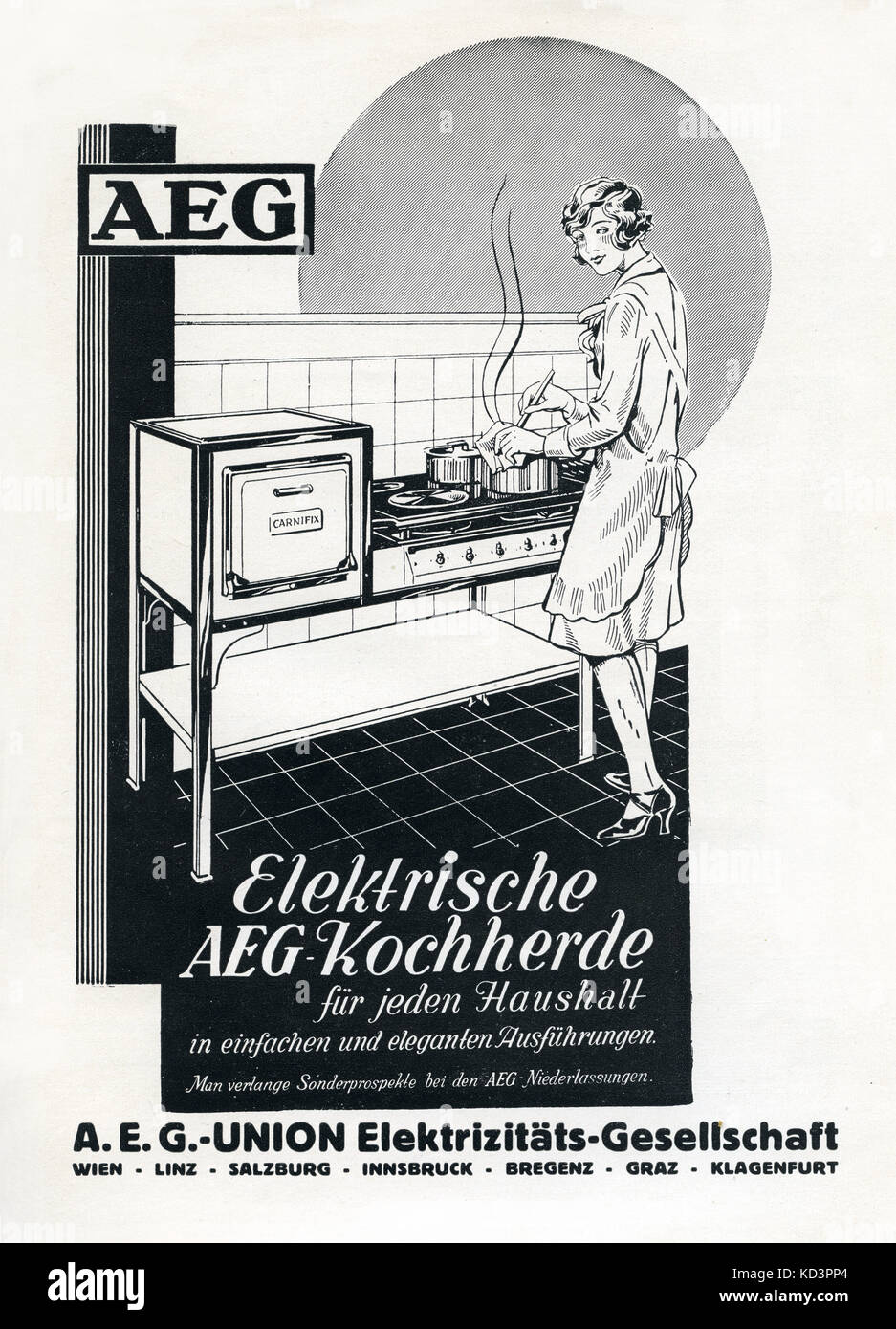 AEG Pubblicità dal 1933 (pubblicazione del teatro Ausriano). Pubblicità per Elektrische AEG -Kochherde fur jeden Haushalt. / AEG - stufa da cucina per ogni casa. Foto Stock