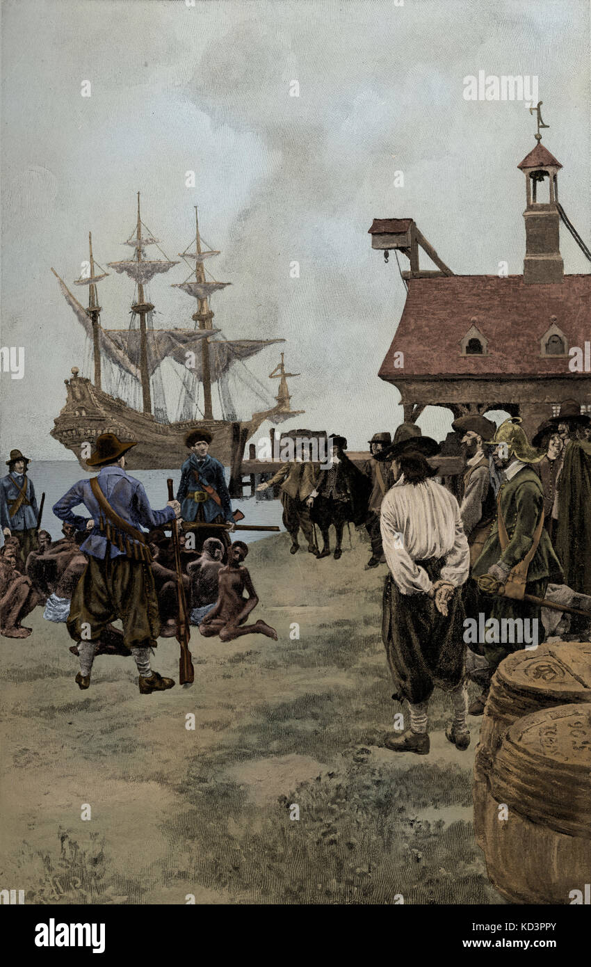 Commercio di schiavi a New York. 20 africani vendettero come schiavi ai colonisti per la prima volta nel 1619. Illustrazione di Howard Pyle. Gli olandesi portarono gli schiavi dai loro possedimenti sulla costa dell'Africa occidentale (nota come costa della Guinea) alle piantagioni della Virginia. (La Compagnia Olandese dell'India Occidentale commerciava in schiavi)/Caption recita: ' Landing of Negroes at Jamestown from Dutch man-of-war, 1619'. (pubblicato per la prima volta nel 1901). Schiavi affetti da malnutrizione. Foto Stock