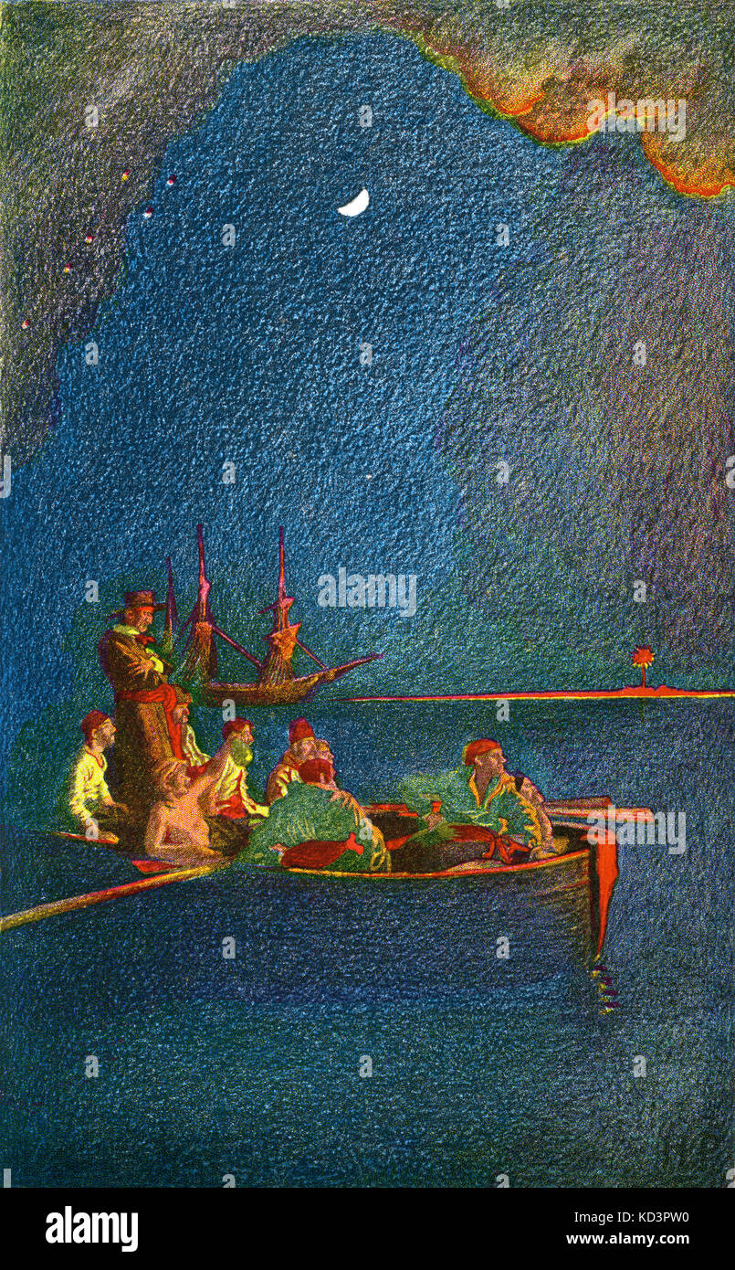 L'equipaggio di una nave pirata guarda su una nave che brucia hanno attaccato. Illustrazione di Howard Pyle Foto Stock