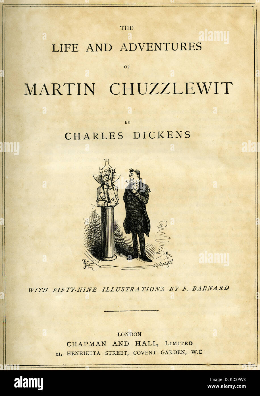 The Life & Adventures of Martin Chuzzlewitt di Charles Dickens pagina del titolo - romanziere inglese, 7 febbraio 1812 - 9 giugno 1870. Illustrazione di Frederick (Fred) Barnard . Londra . Chapman e Hall. Foto Stock