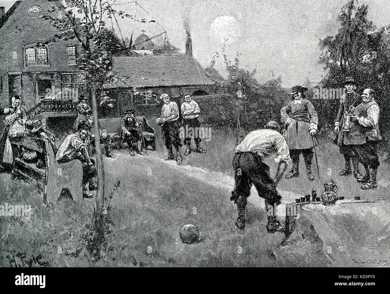 Cittadini olandesi di New Amsterdam (ora New York), giocare a boules in una locanda, 1650. Coloni olandesi, Nord America. Illustrazione di Howard Pyle, 1883 Foto Stock