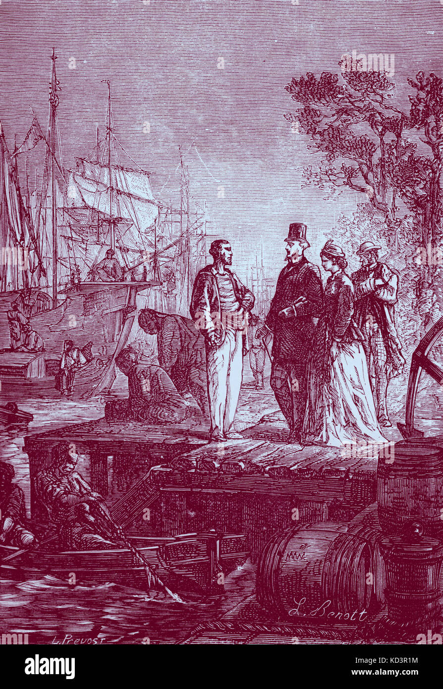 Il giro del mondo in ottanta giorni / Le Tour du monde en quatre-vingts jours di Jules Verne. Pubblicato per la prima volta 1873 (illustrazione dal 1892 edition da Leon Benet). La didascalia recita: " è il vostro onore cercando una nave? (Filea Fogg e Auoda) ' capitolo 20 ; in cui fissare si trova faccia a faccia con Filea Fogg. JV romanziere francese 8 Febbraio 1828 - 24 Marzo 1905. (Filea Fogg di Londra e il suo cameriere francese Passepartout tentano di circumnavigare il mondo in 80 giorni su un £20.000 Puntata impostato dai suoi amici al Club di riforma). Foto Stock