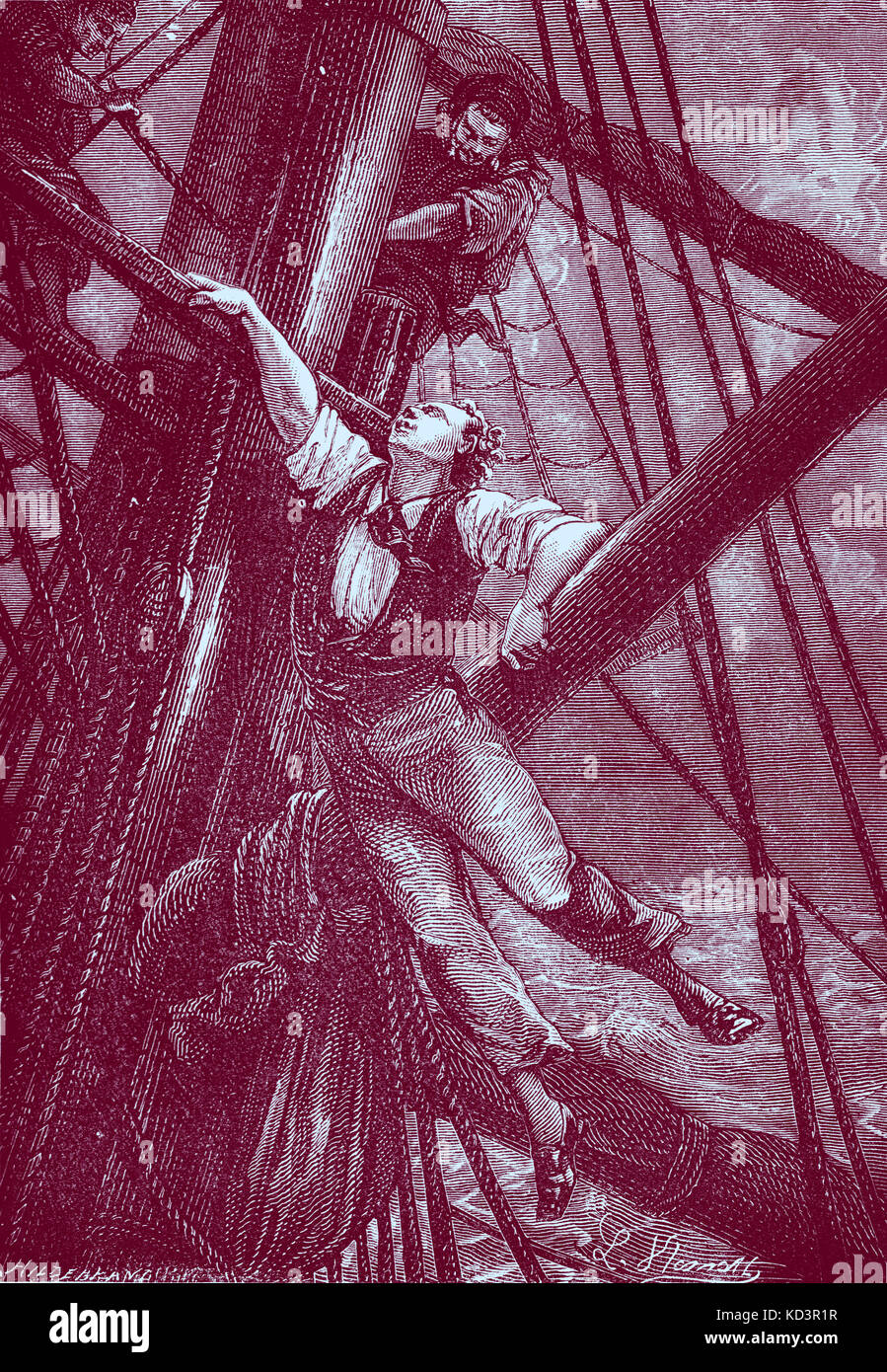 Il giro del mondo in ottanta giorni / Le Tour du monde en quatre-vingts jours di Jules Verne. Pubblicato per la prima volta 1873 (illustrazione dal 1892 edition da Leon Benet). La didascalia recita: " Egli ha preso una mano a tutto e astnished l equipaggio (scalata della nave di armamento ) '. Capitolo 18 - in cui Filea Fogg, passepartout, e Fix andare ogni circa la sua azienda . JV romanziere francese 8 Febbraio 1828 - 24 Marzo 1905. (Filea Fogg di Londra e il suo cameriere francese Passepartout tentano di circumnavigare il mondo in 80 giorni su un £20.000 Puntata impostato dai suoi amici al Club di riforma). Foto Stock