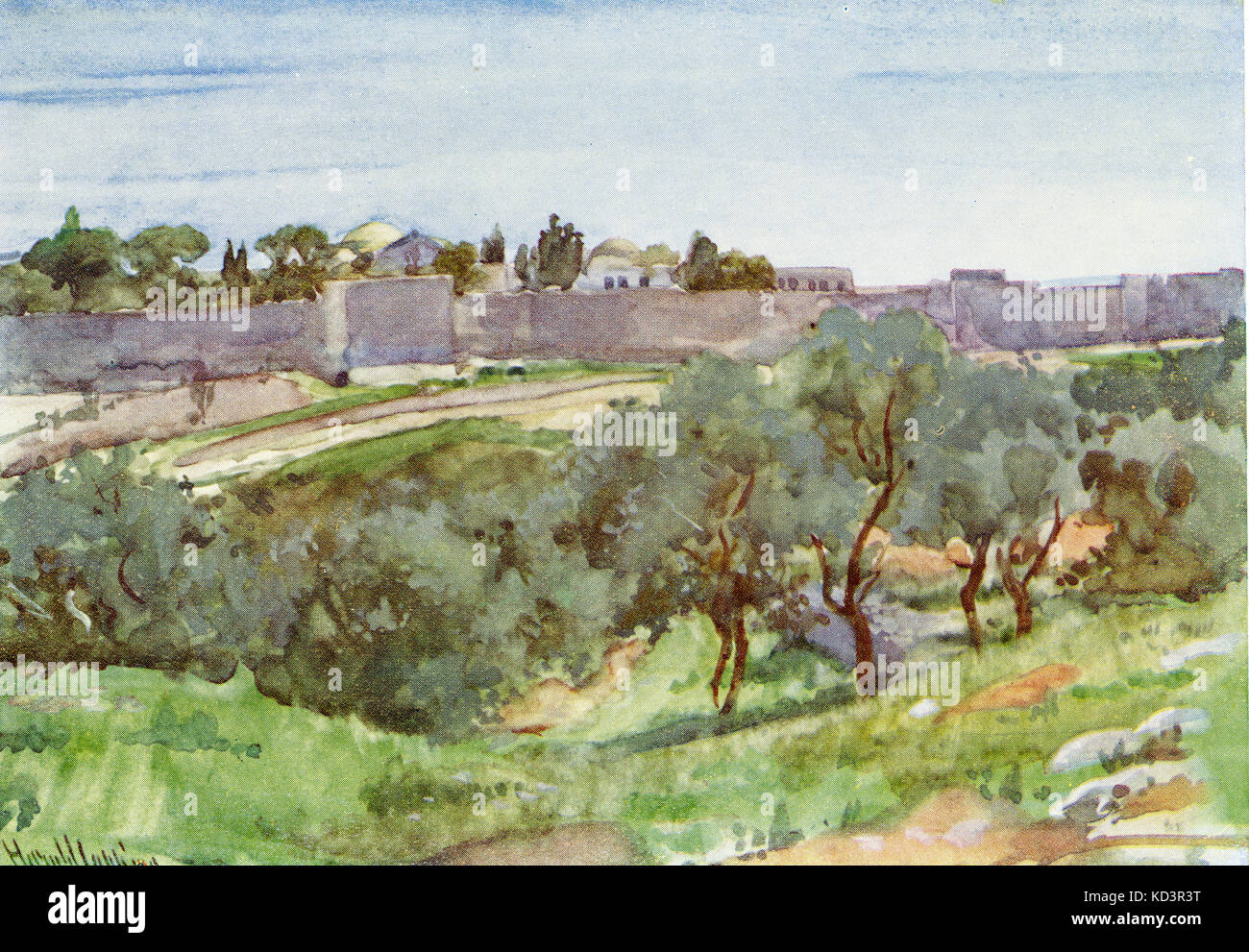 Vista del Monte Sion, degli alberi d'olivo e delle mura della città vecchia di Gerusalemme in Terra Santa c.1910 di Harold Copping Foto Stock