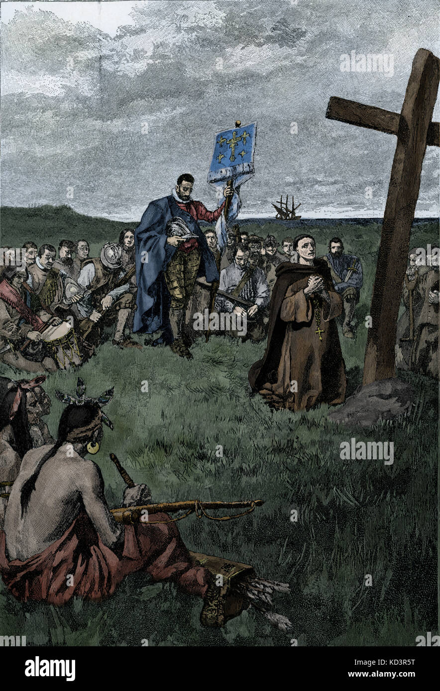 Jacques Cartier che ha istituito una croce a Gaspe Bay (ora Canada), rivendicando la terra per la Francia, 1534. Illustrazione di Howard Pyle, 1883 Foto Stock