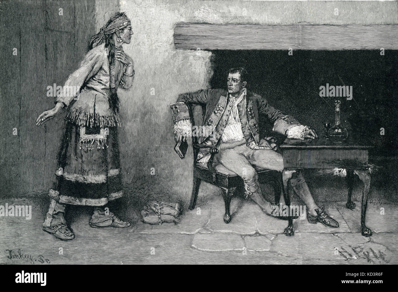 La ragazza di Ojibwa rivela la cospirazione di Pontiac al maggiore Henry Gladwin, 1763. Guerra di Pontiac. Illustrazione di Howard Pyle, 1886 Foto Stock