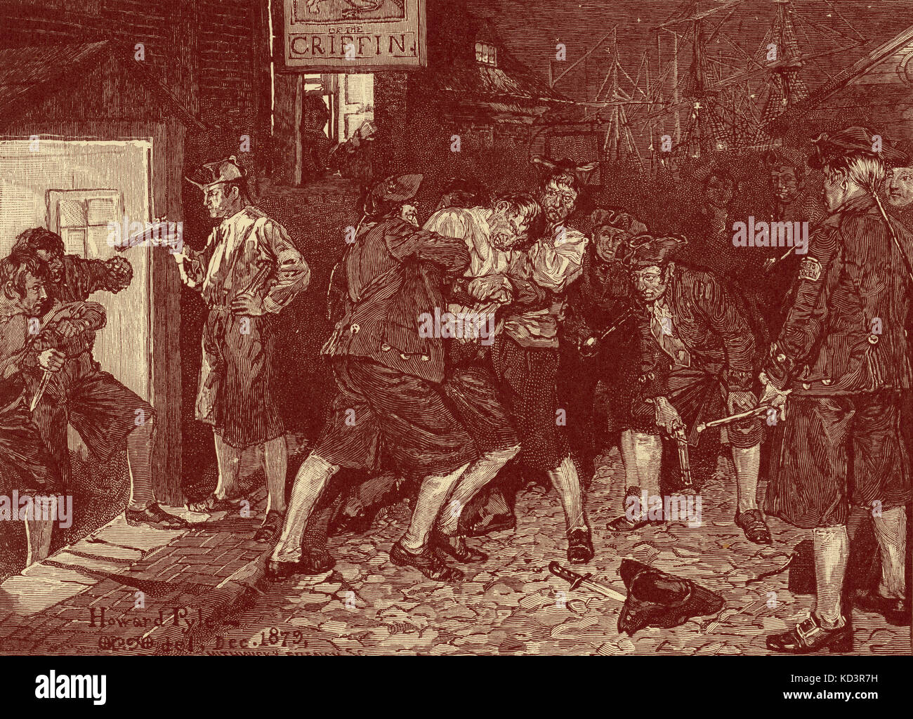 Banda stampa, New York sotto il dominio coloniale britannico, 1757, durante la Guerra dei sette anni. Illustrazione di Howard Pyle, 1880 Foto Stock