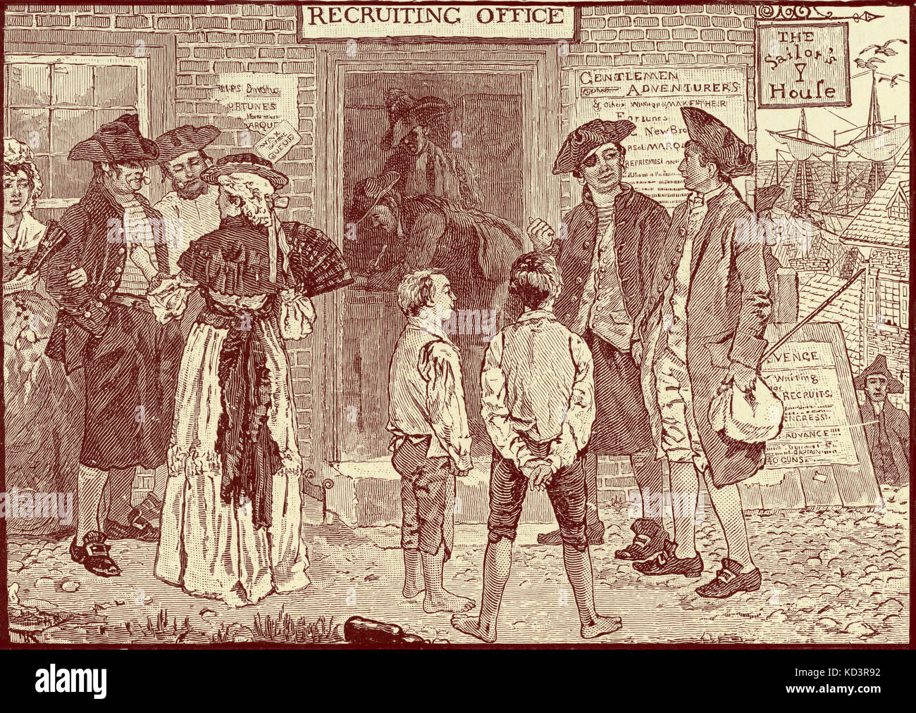 Ufficio di recruiting rivoluzionario per i privaters americani, New London, Connecticut. Rivoluzione americana, 1765 - 1783. Illustrazione di Howard Pyle, 1896 Foto Stock