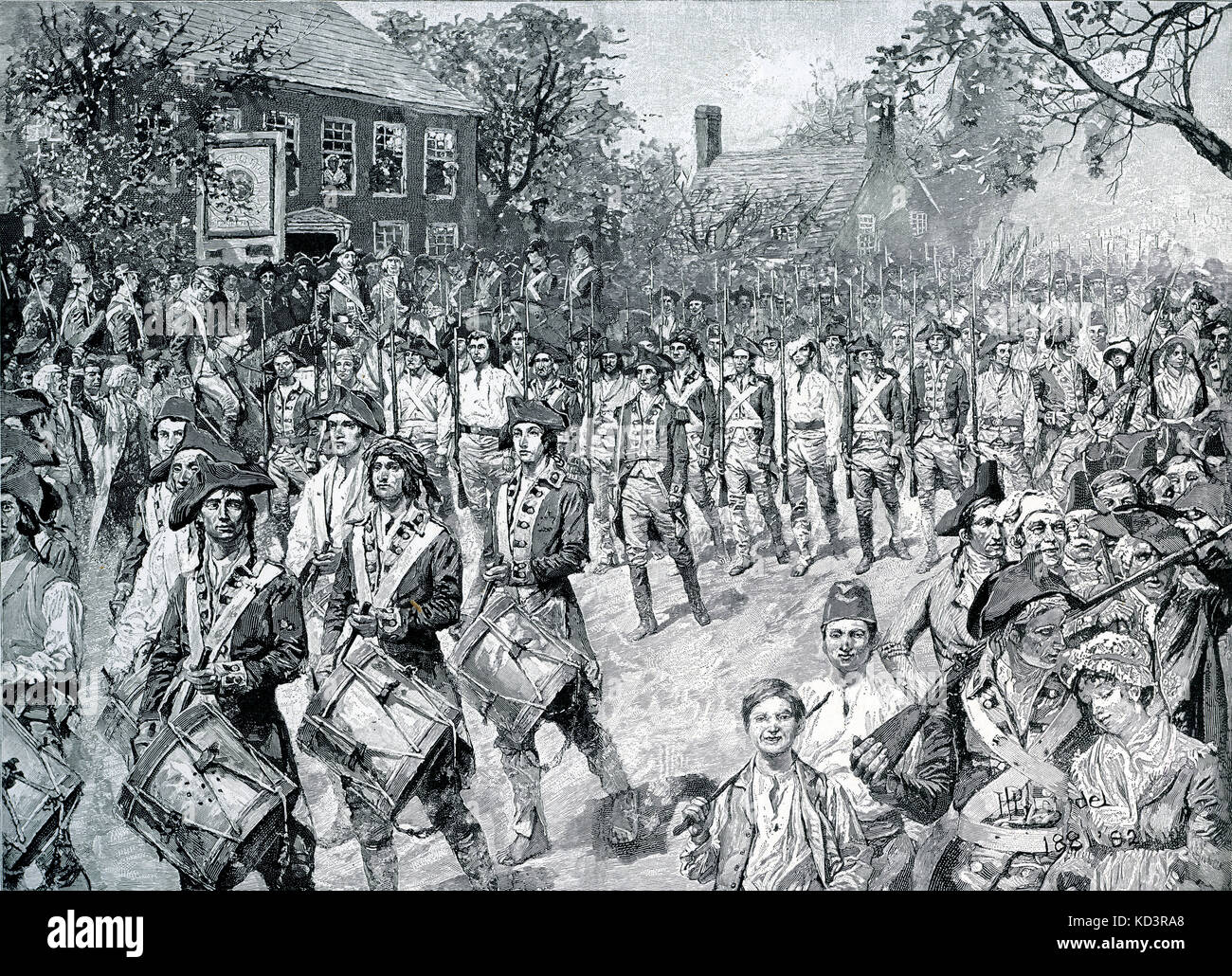 Esercito continentale che marciava giù Old Bowery, New York, 25 novembre 1783. Le forze di Washington prendono la posizione di New York alla fine della Rivoluzione americana. Illustrazione di Howard Pyle, 1896 Foto Stock