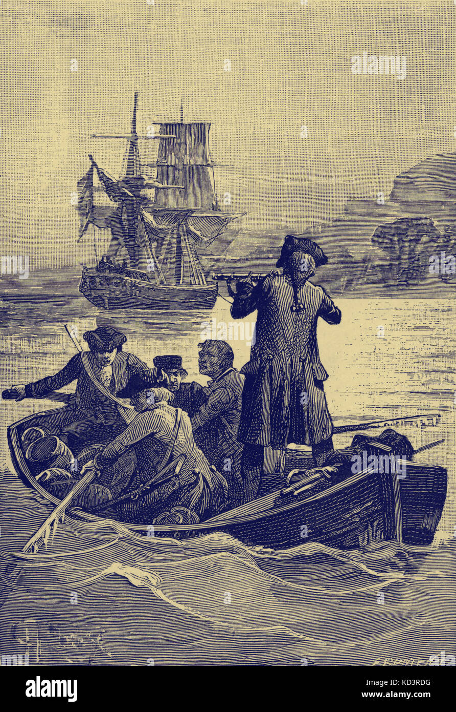 Treasure Island di Robert Louis Stevenson. La didascalia recita: 'Lo Squire alzò la pistola, la canottatura cessò.' (Squire John Trelawneyfiring sui pirati.) CH XVII il Jolly-Boat's Last Trip. Pubblicato per la prima volta come seriale 1881-82. RLS: Romanziere, poeta e scrittore scozzese, 13 novembre 1850 – 3 dicembre 1894. Foto Stock