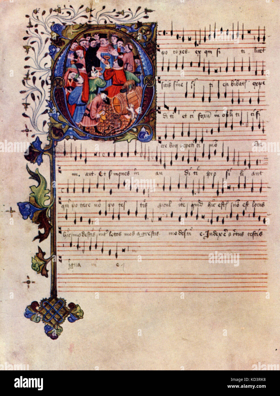 Manoscritto illuminato dal Medioevo - c. 1450. O Potores. Canzone da bere - cantus parte. Foto Stock