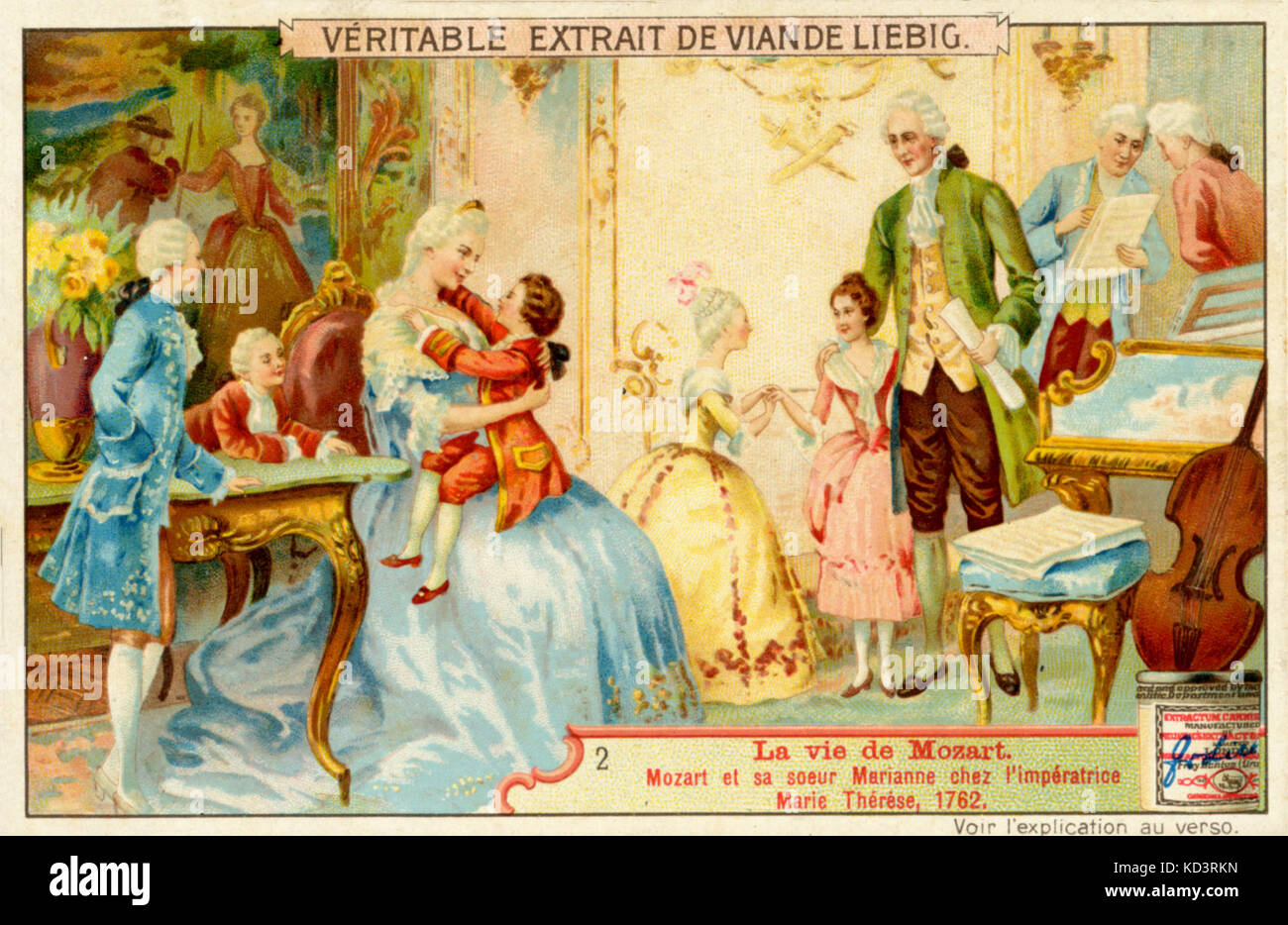 MOZART giovane Wolfgang Amadeus nel 1762, con la sorella, Marianne, presso la corte dell'Imperatrice Maria Teresa. Stampa da Viande Liebig annuncio. Il compositore austriaco,1756-1791 Foto Stock